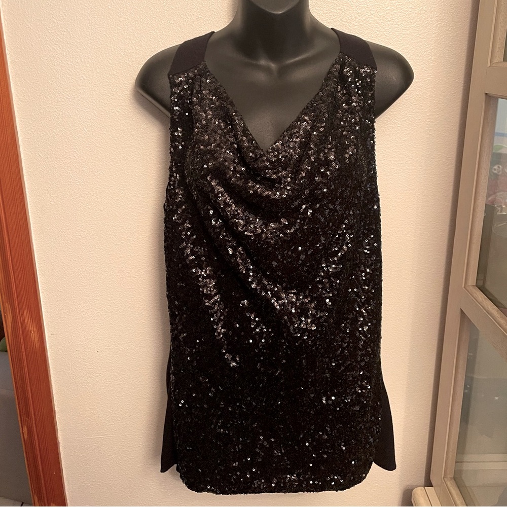 NWT Womens black sleeveless sequin dress shirt size large
